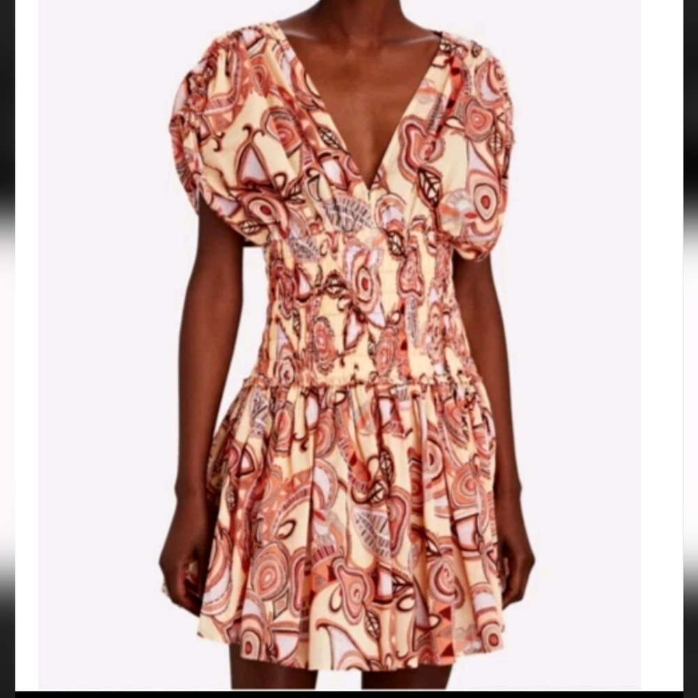 A.L.C. Luna Cotton Swirl Print Mini Dress Split Sleaves in Peach and Brown NWOT